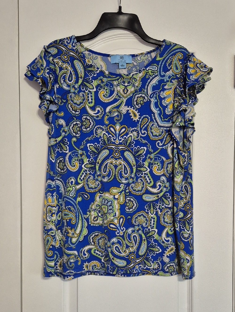 CECE Blue Paisley Ruffle Sleeve Women's Top
